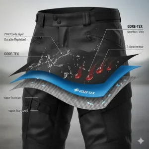 Close-up illustration of a waterproof membrane and rain-wicking fabric on motorcycle overpants.
