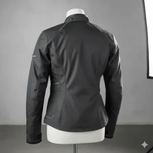 Rear view of a women's specific padded motorcycle jacket showing the subtle waist adjustment and ventilation zippers.