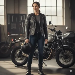 A stylish, tailored women's leather motorcycle jacket designed specifically for a comfortable and protective fit for female riders.