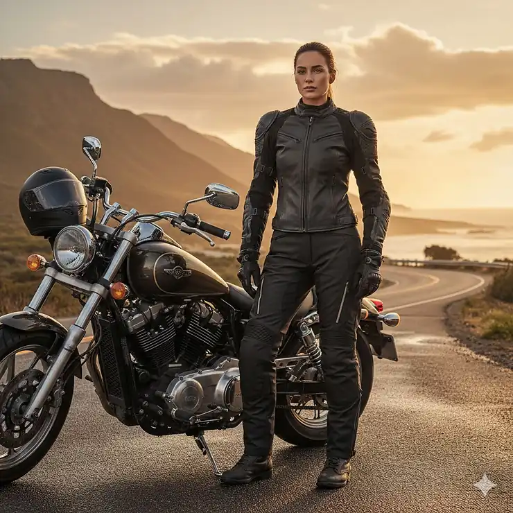 A female rider standing next to a cruiser motorcycle wearing protective black women's motorcycle pants and a leather jacket. womens motorcycle pants