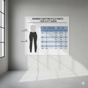 An illustrative sizing guide for women's motorcycle pants measuring waist, hips, and inseam.