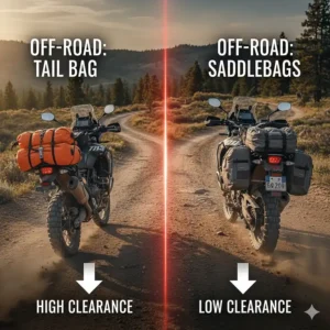 An adventure motorcycle on a dirt trail showing a rugged tail bag and soft saddlebags used together for maximum gear capacity.