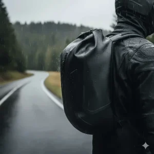 Side profile of an aerodynamic waterproof motorcycle backpack designed to reduce drag at high speeds.
