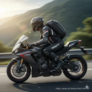 A rider wearing an aerodynamic, hardshell motorcycle backpack designed for high-speed stability and comfort.