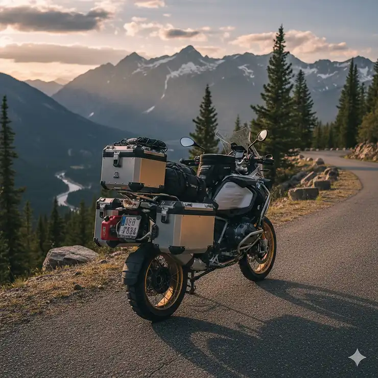 A BMW adventure motorcycle equipped with a full set of aluminum touring bags parked on a mountain pass. motorcycle touring bags