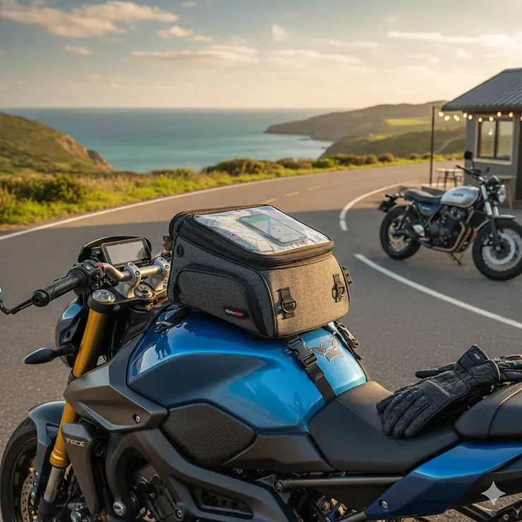 A sleek small motorcycle tank bag mounted on a modern street bike, showing its compact profile and fit.