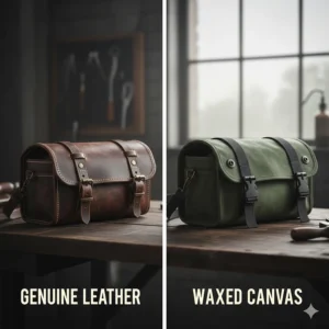 A side-by-side comparison of waxed canvas and genuine leather motorcycle tool bags.