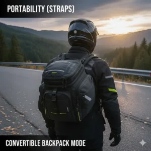 A motorcycle tank bag being carried as a backpack using integrated shoulder straps.