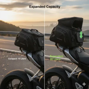 Diagram showing a motorcycle tail bag expanding from 15 liters to 20 liters for extra storage.