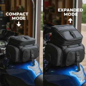 Side-by-side comparison showing a tank bag in its compact form and its fully expanded high-capacity mode.