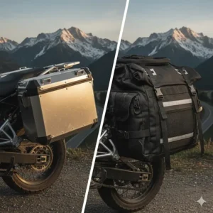 A side-by-side comparison of hard aluminum panniers and soft waterproof fabric saddlebags for motorcycles.