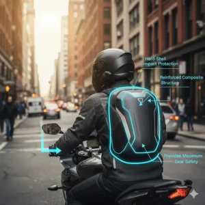 Illustration of a hard-shell motorcycle backpack for commuting providing impact protection for gear.