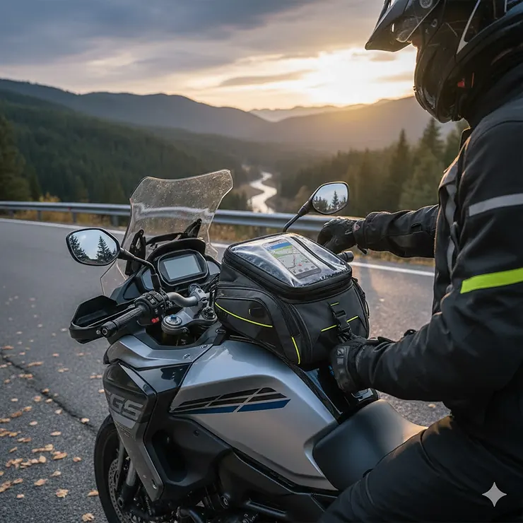 A rider adjusting a magnetic tank bag on a touring motorcycle during a road trip. how to choose motorcycle tank bag