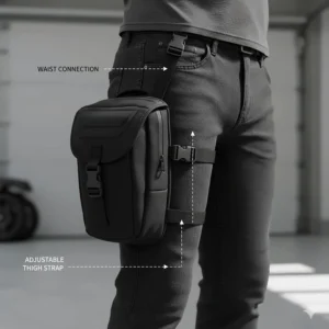 Illustration showing the adjustable waist and thigh straps of a motorcycle leg bag for a secure fit.