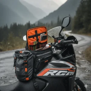 Interior view of a waterproof tank bag showing organized storage for tools and gear.