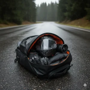 A 30L waterproof motorcycle backpack packed with a helmet, gloves, and riding gear.