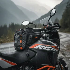 Diagram showing the secure magnetic and strap mounting system of a motorcycle tank bag.