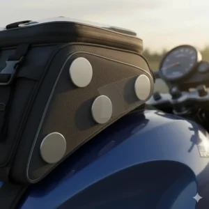 Close-up illustration of powerful magnets securing a tank bag to a metal motorcycle fuel tank.