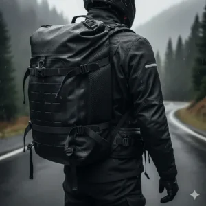 The adjustable chest and waist harness system of a heavy-duty motorcycle backpack for weight distribution.