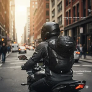 Illustration demonstrating how a motorcycle commuter backpack secures a helmet when off the bike.