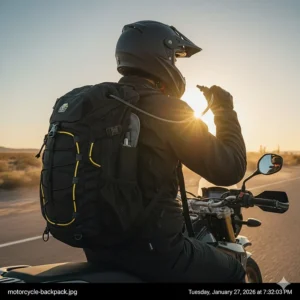 A rider using a hydration bite valve connected to a top rated motorcycle backpack during a long trip.