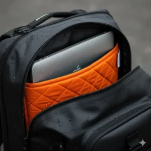 Interior view of a motorcycle backpack showing a padded sleeve protecting a laptop from moisture and impact.