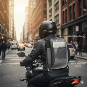 Illustration of a padded laptop compartment inside a motorcycle backpack for commuting safely with electronics.