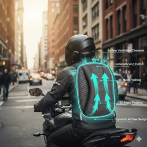 Detailed view of the mesh ventilation back panel on a motorcycle backpack designed to prevent rider sweat.