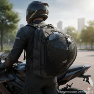 Illustration showing how to secure a full-face helmet to a motorcycle backpack with an integrated mesh carrier.