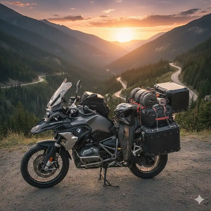 A fully loaded adventure touring motorcycle with waterproof panniers and a top box prepared for a long-distance ride. motorcycle bags for long rides