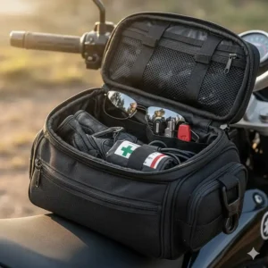 Interior view of an organized motorcycle handlebar bag showing tools, sunglasses, and gloves.