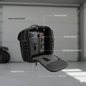 Detailed diagram of a motorcycle leg bag showing interior pockets for a phone, wallet, and keys.
