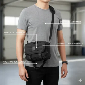 Illustration showing a versatile motorcycle leg bag being worn as a crossbody shoulder bag.