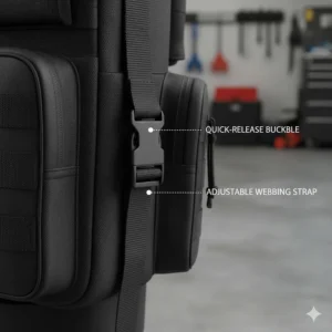 Close-up illustration of the durable quick-release buckles on a tactical motorcycle leg bag.