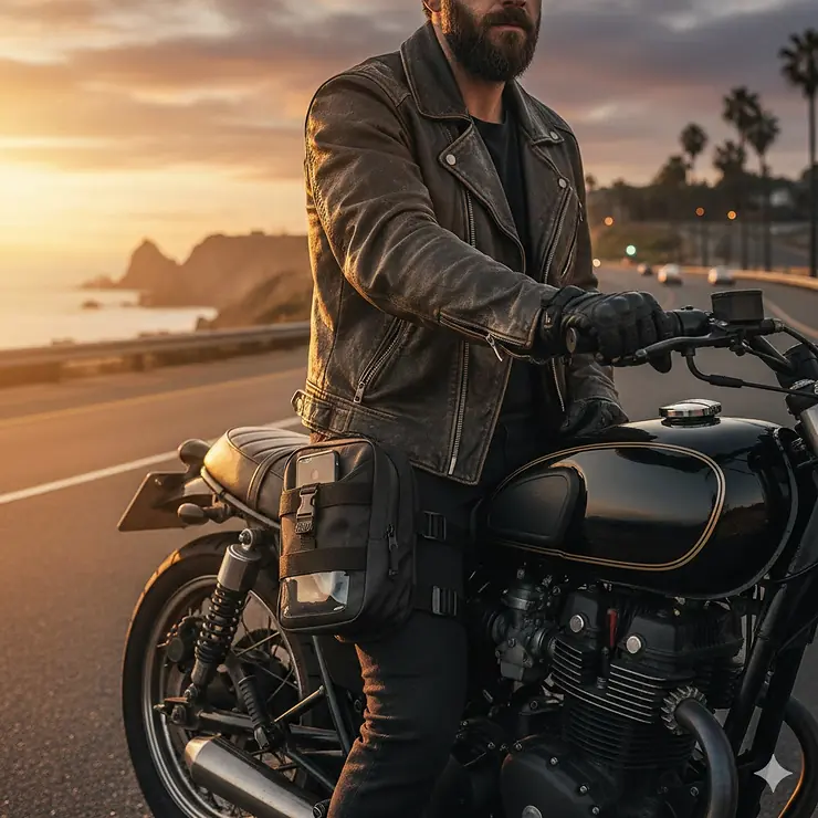 A rider wearing a waterproof motorcycle leg bag strapped to the thigh while sitting on a touring bike.