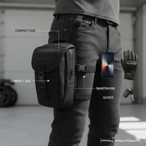 Scale illustration comparing a compact motorcycle leg bag to common items like a smartphone and gloves.