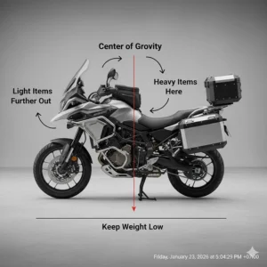 A diagram illustrating the correct center of gravity and weight distribution for packing motorcycle luggage safely.