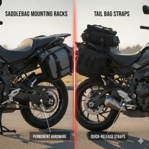 Close-up comparison of permanent saddlebag mounting racks versus quick-release tail bag straps.