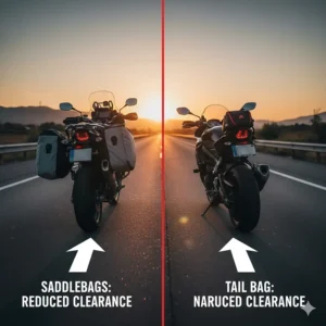 Rear view of a motorcycle showing the increased width of saddlebags compared to the narrow profile of a tail bag.