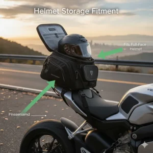 Illustration demonstrating how a full-face helmet fits inside a large-capacity motorcycle tail bag.
