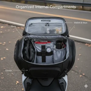 Top-down view of a tail bag interior showing organized compartments for tools, gloves, and a wallet.
