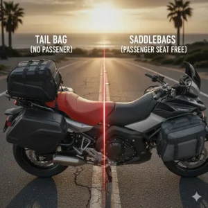 Top-down view showing how a motorcycle tail bag occupies the passenger seat space compared to saddlebags which leave it open.