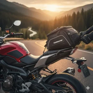 An aerodynamic motorcycle tail bag strapped to the rear passenger seat of a sport-touring bike.