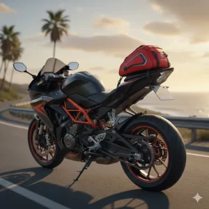 A streamlined aerodynamic motorcycle tail bag secured to the passenger pillion seat of a sportbike.