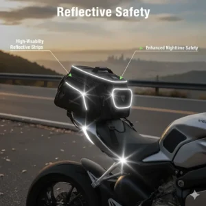 Illustration of a motorcycle tail bag with high-visibility reflective strips glowing in low light.