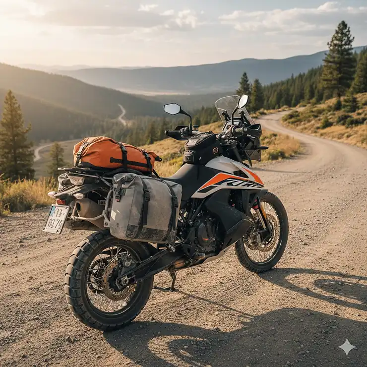 A dual-sport motorcycle equipped with both a rear tail bag and side saddlebags to demonstrate different luggage mounting positions. motorcycle tail bag vs saddle bag