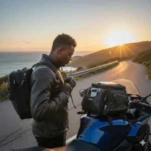 Illustration showing a tank bag for motorcycles being carried as a backpack using integrated shoulder straps.