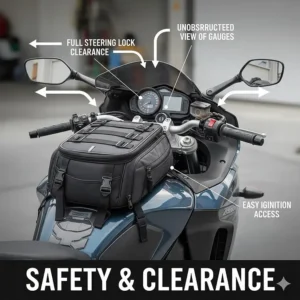 Diagram showing proper tank bag placement to ensure full handlebar movement and visibility of gauges.