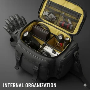 The inside of an organized tank bag containing gloves, a wallet, and charging cables.