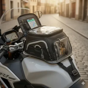 A close-up illustration of a magnetic motorcycle tank bag showing phone navigation and easy-access storage.